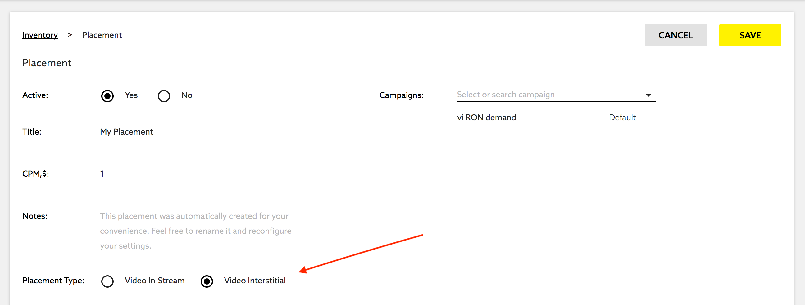 When you create place choose Placement Type: "Video Interstitial"